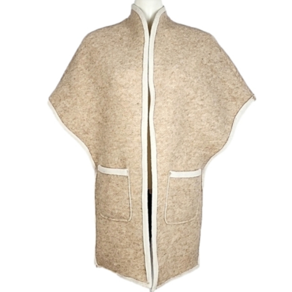 NWT Alessandra C Women's Open Front  Poncho Cardigan Wool Blend Ivory Taupe S/M - Picture 2 of 10